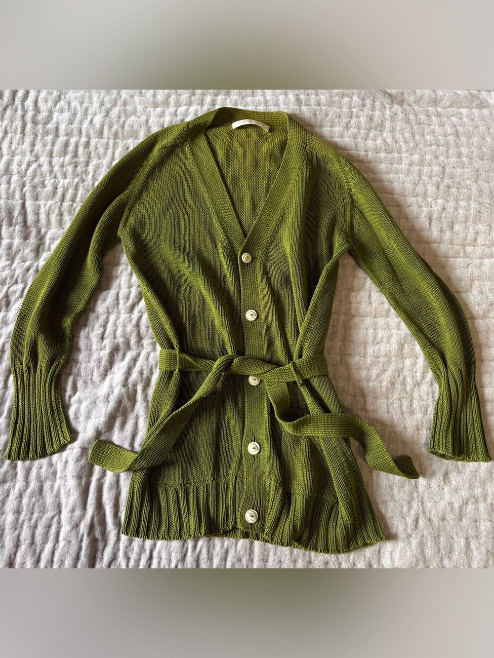 ERICA TANOV The Pima Cotton Belted Cardigan in Olive Green Sweater S 1 Estimated